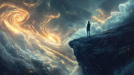 Obraz premium Mysterious figure standing on a cliff edge, overlooking a glowing ocean with swirling energy waves. 