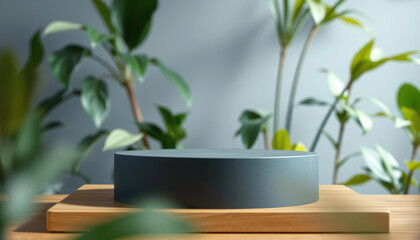 Minimal Product Display Podium with Fresh Green Leaf Background