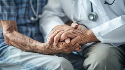 A doctor comforting an elderly patient, holding their hand and offering reassurance