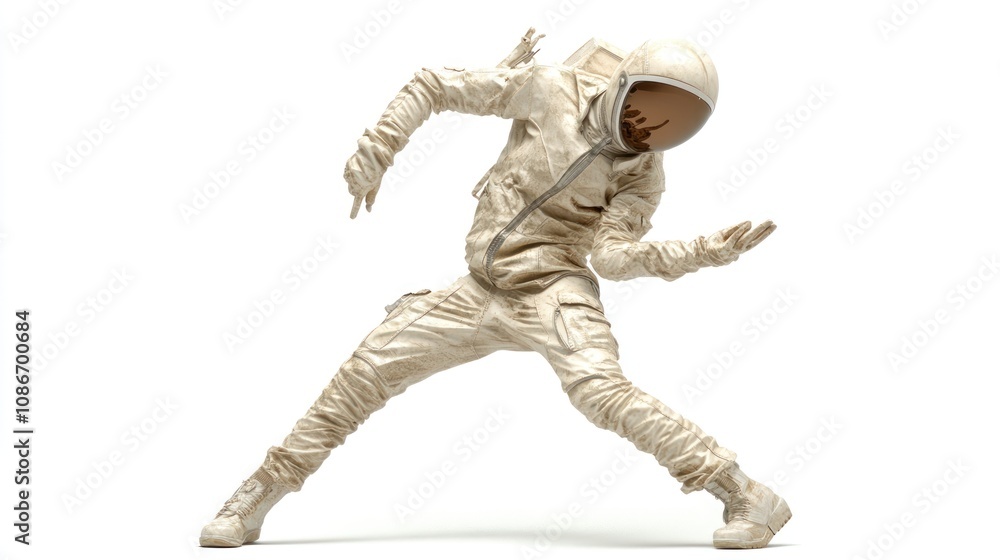 Poster a stylized astronaut figure in a dynamic pose, suggesting movement and creativity.
