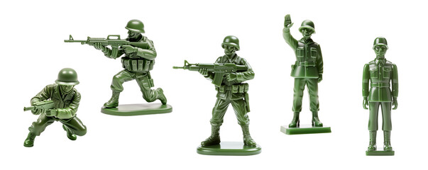 Five classic green toy soldier figures in various combat and action poses