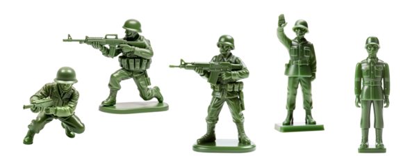 Five classic green toy soldier figures in various combat and action poses
