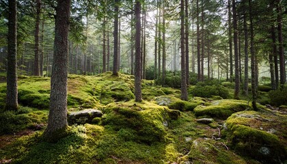 Fototapeta premium wilderness landscape forest with pine trees and moss on rocks