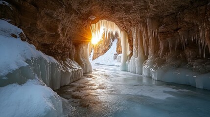 A stunning ice cave illuminated by sunlight, featuring icicles and frozen surfaces that create a magical winter landscape.