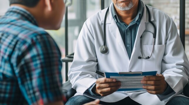 A doctor discussing health care options with a patient, using brochures and visual aids