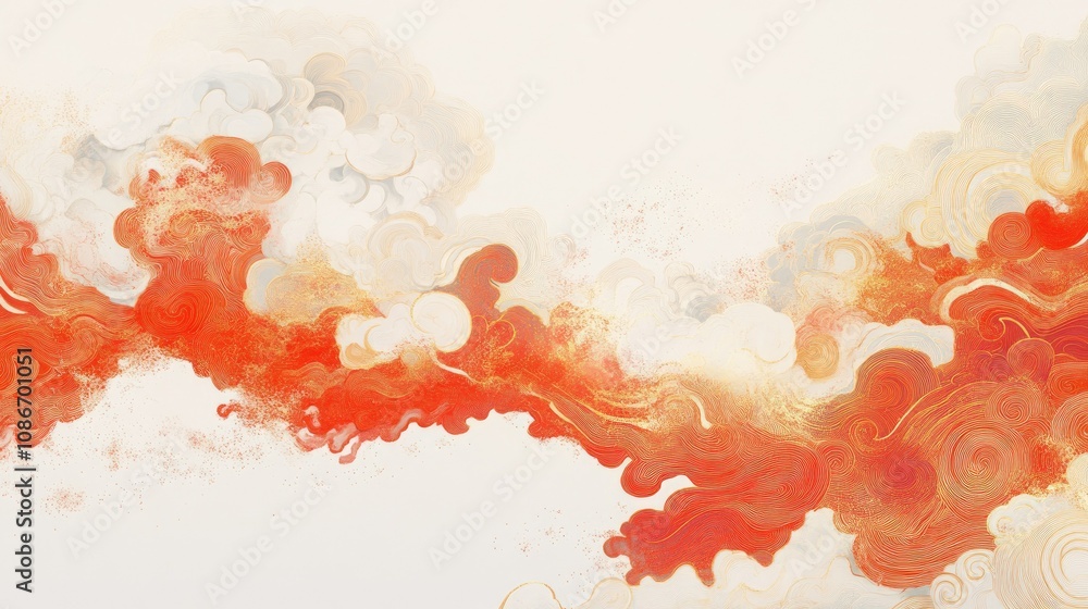 Poster abstract swirls of vibrant red and orange hues blend seamlessly with soft, flowing white clouds, cre
