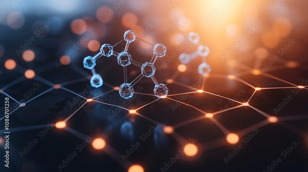 Poster futuristic depiction of hydrogen molecules in a high-tech environment with network connections and a