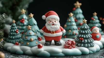 Illustration of Santa Claus, a cheerful Christmas character, standing in the snowy winter land, surrounded by a festive Christmas tree, ornaments and cheerful snowmen.