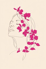A minimal single line art of a woman with fuchsia bougainvillea petals flowing around her, showcasing vibrancy and life, hand-drawn style minimalist line art, beige colors and bright fuchsia tones