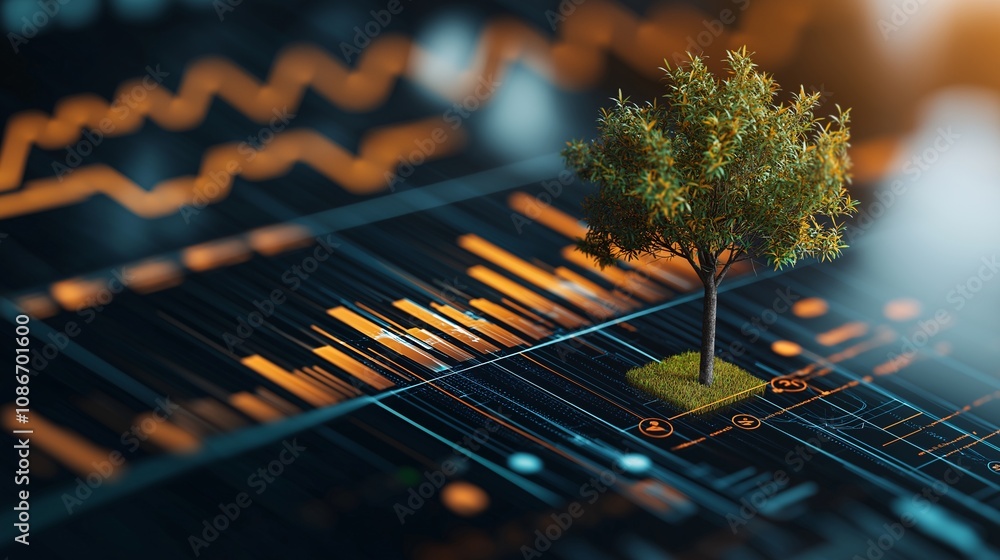 Poster Futuristic Representation of Sustainability and Technology Integration with a Tree on Digital Graph Interface Showcasing Data and Growth Metrics