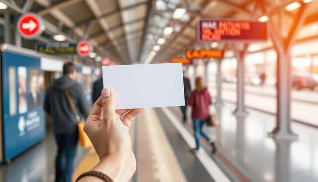hands holding a blank paper card on train station background