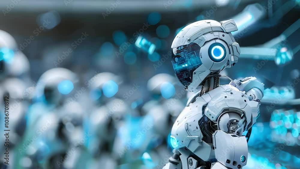 Poster a futuristic humanoid robot with glowing accents stands out among a group of similar robots in a hig