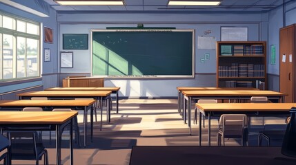 Sunlight filters through the window, casting warm shadows across an empty classroom with neatly arranged desks, creating a sense of tranquility and focus