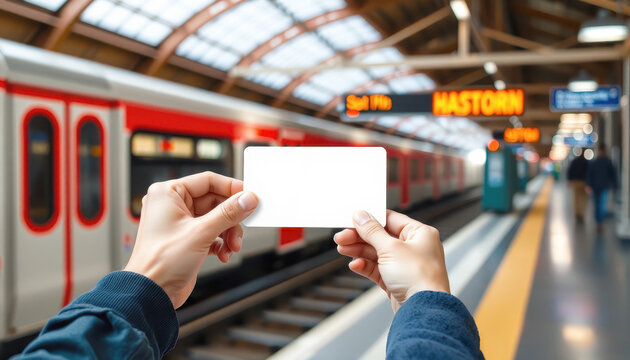 hands holding a blank paper card on train station background