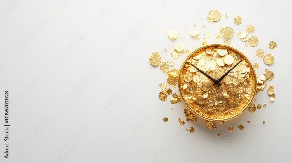 Poster golden clock surrounded by glimmering coins representing wealth and time management in a minimalist 