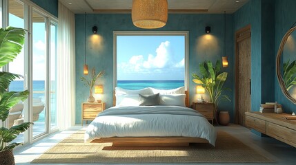 3D beach-themed bedroom with soft blues, driftwood accents, and large glass doors opening to a balcony, rendered in 4K.