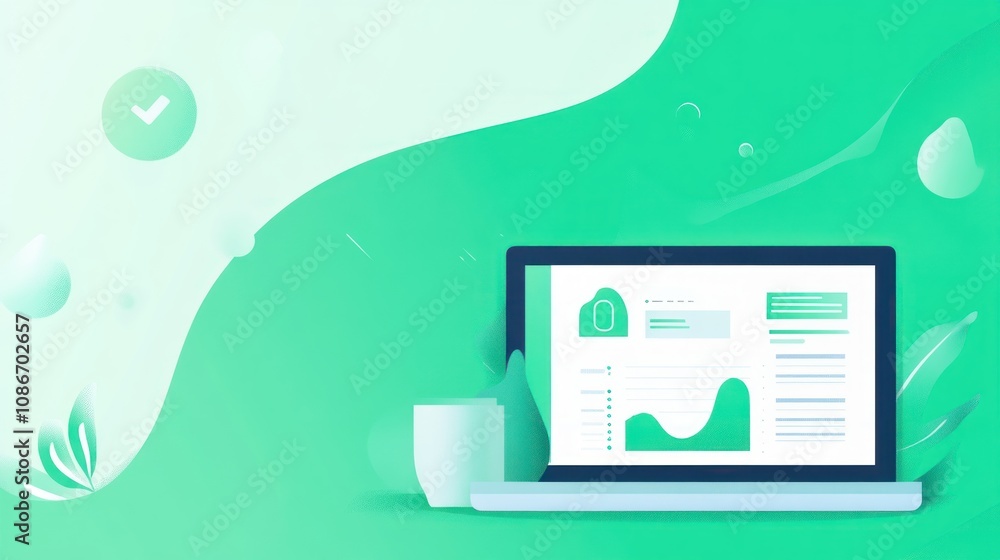 Poster A laptop displaying data analytics with a cup beside it in a green-themed design.