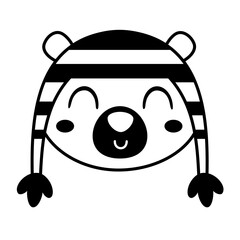 Winter bear face clipart. Black and white animal doodle. Cute seasonal character. Hand draw vector illustration in flat style