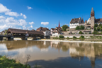 Reuss River with historic wooden bridge and Muri-Amthof, Bremgarten, Canton of Aargau, Switzerland