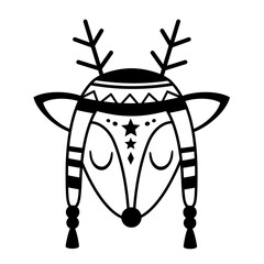 Winter deer face clipart. Black and white animal doodle. Cute seasonal character. Hand draw vector illustration in flat style