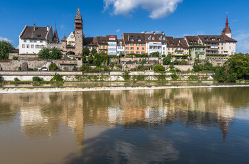 Scenic view of the medieval old town of Bremgarten with historical facades along the Reuss River,...