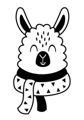 Winter llama clipart. Black and white animal doodle. Cute seasonal character. Hand draw vector illustration in flat style