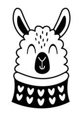 Winter llama clipart. Black and white animal doodle. Cute seasonal character. Hand draw vector illustration in flat style