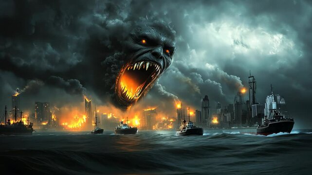 Massive demonic entity materializing in storm clouds over industrial harbor. Glowing orange eyes and flames contrast against dark thunderclouds. City lights reflect off choppy waters below. 