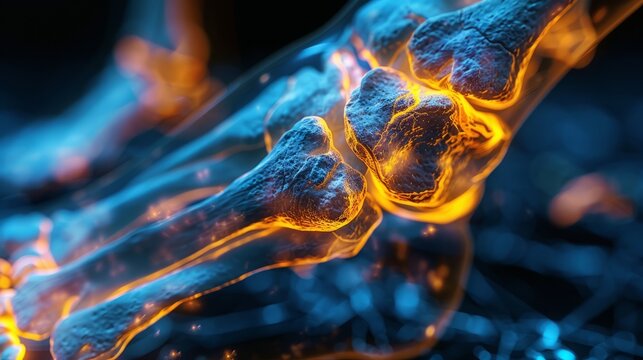 An artistic representation of a human foot skeleton, glowing in vivid hues, reveals the beauty of bone structure from an innovative perspective