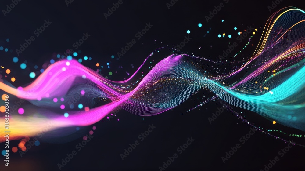 Poster abstract waves of colorful light with sparkles and glowing particles in a dark background, perfect f
