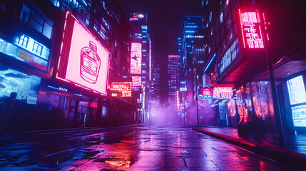 Neon-lit street with floating holograms advertising futuristic products, cyberpunk city skyline in the background. 
