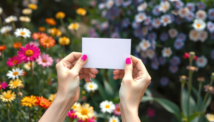 hands holding a blank paper card on flower garden background