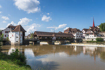 Reuss River with historic wooden bridge, Bremgarten, Canton of Aargau, Switzerland