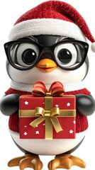 Adorable Penguin in Santa Hat Holding Christmas Gift