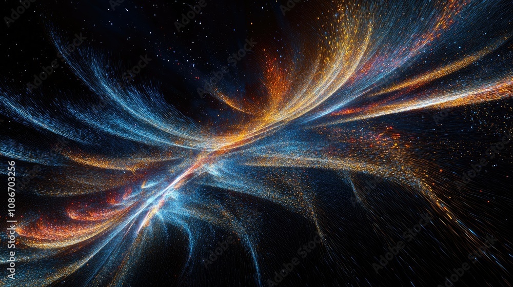 Poster abstract cosmic explosion of colorful particles in a dark space with an ethereal flow of light creat