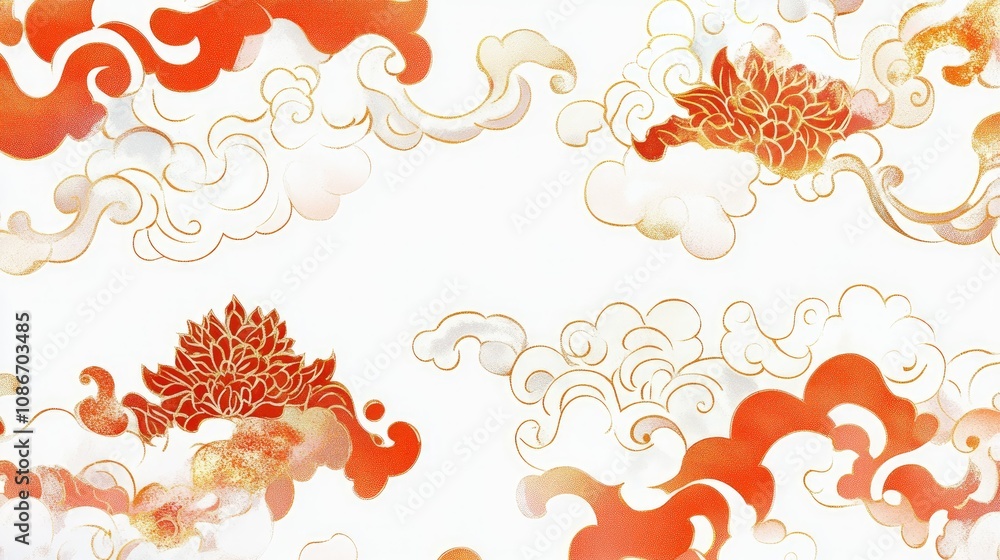 Poster elegant and colorful lotus and cloud pattern design in vibrant red and white with intricate details 