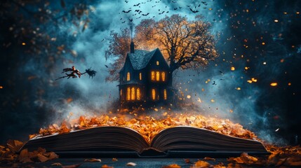 
coming out of a book open in the middle 
haunted mansion and bats. horror stories and halloween concept. A vector illustration of a cartoon creepy haunted house on halloween night.