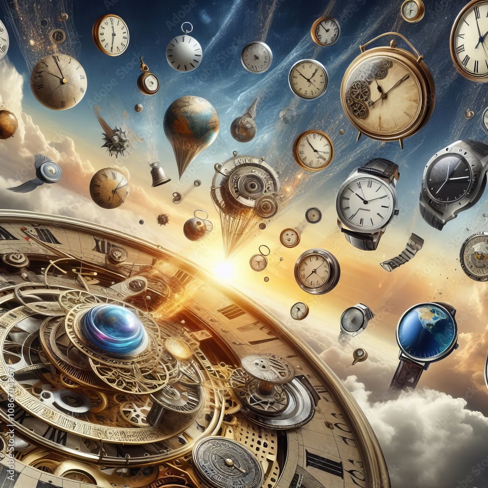 Poster an array of historical and futuristic timepieces sundials to sma