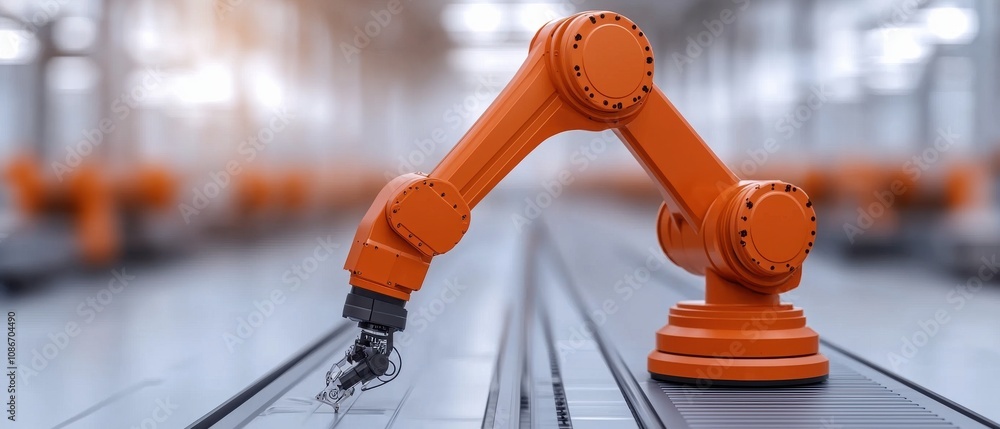 Poster a robotic arm with a gripping mechanism is positioned in a modern industrial setting, showcasing adv