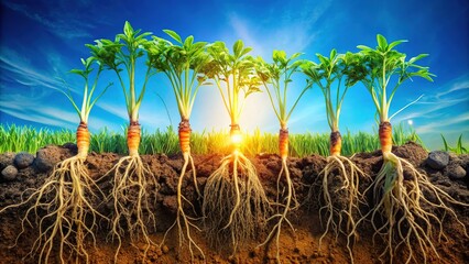 Low-light shot of vibrant roots against a cerulean sky.