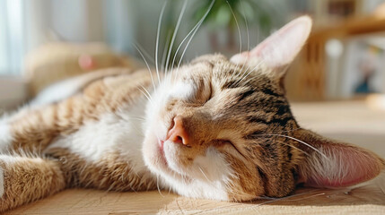 National Cat Lover"s Month. A tabby cat resting peacefully on a wooden table, basking in soft natural light, capturing a moment of relaxation and feline comfort.
