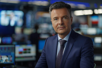 Generative AI professional male female Television Reporter in broadcast Studio with Camera