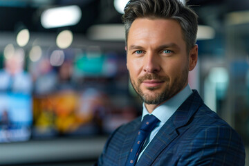Fototapeta premium Generative AI professional male female Television Reporter in broadcast Studio with Camera
