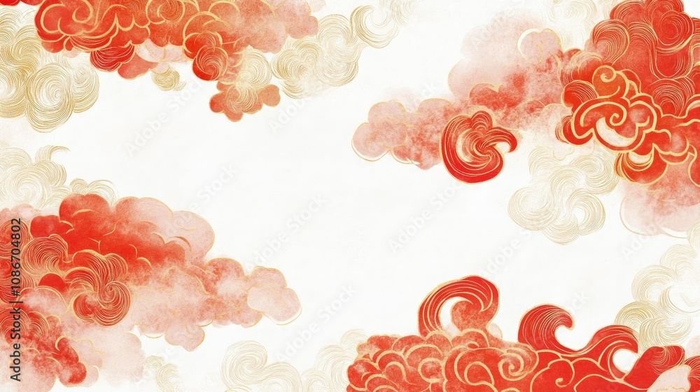 Poster ethereal red and gold clouds with flowing patterns on a soft background, perfect for celebrating chi