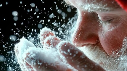 Fototapeta premium Santa's Magic Touch: A close-up portrait of Santa Claus, his eyes closed in pure joy as he gently catches snowflakes in his hands. The image evokes a sense of wonder and magic.