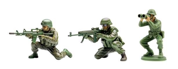 Three toy soldier figures in combat poses with rifles and binoculars