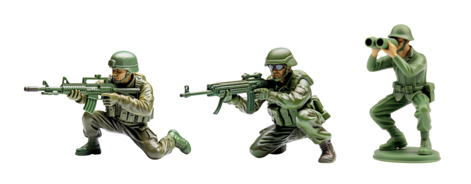 Three toy soldier figures in combat poses with rifles and binoculars
