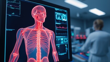 A digital display shows a detailed anatomical view of the human body, highlighting the skeletal and vascular systems in a modern medical environment.