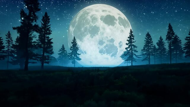 Night with a starlit sky, zoom out camera movement under a full moon. Moonlight filters through trees, casting dappled shadows.