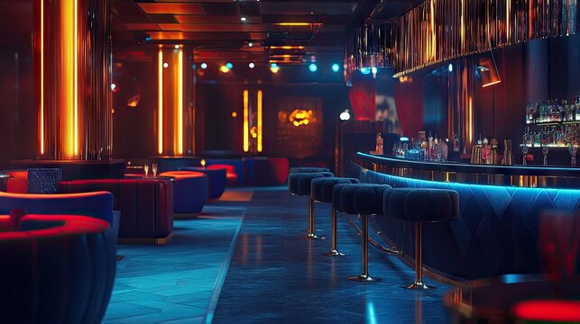 A vibrant nightclub with a stylish bar area, featuring orange and blue lighting that creates a lively atmosphere.